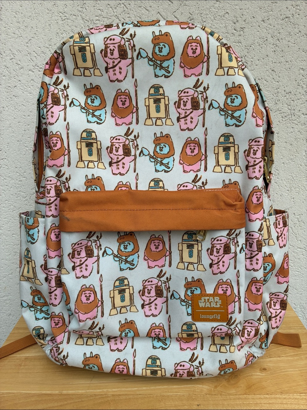 Star Wars & Loungefly Backpack in Multi Pastel Print  Ewoks & R2D2. Worn